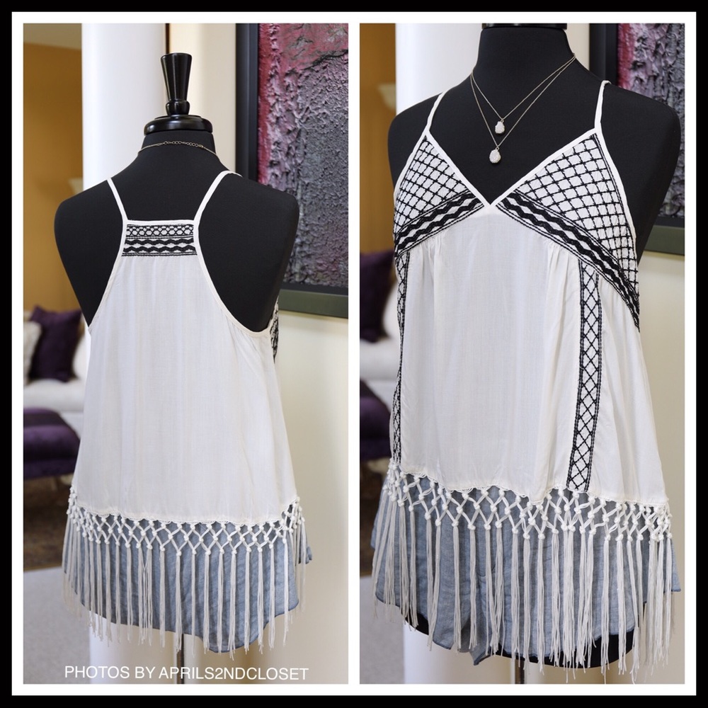 WHITE BOHO FRINGE TRIM CROP TANK A2C - Picture 3 of 8